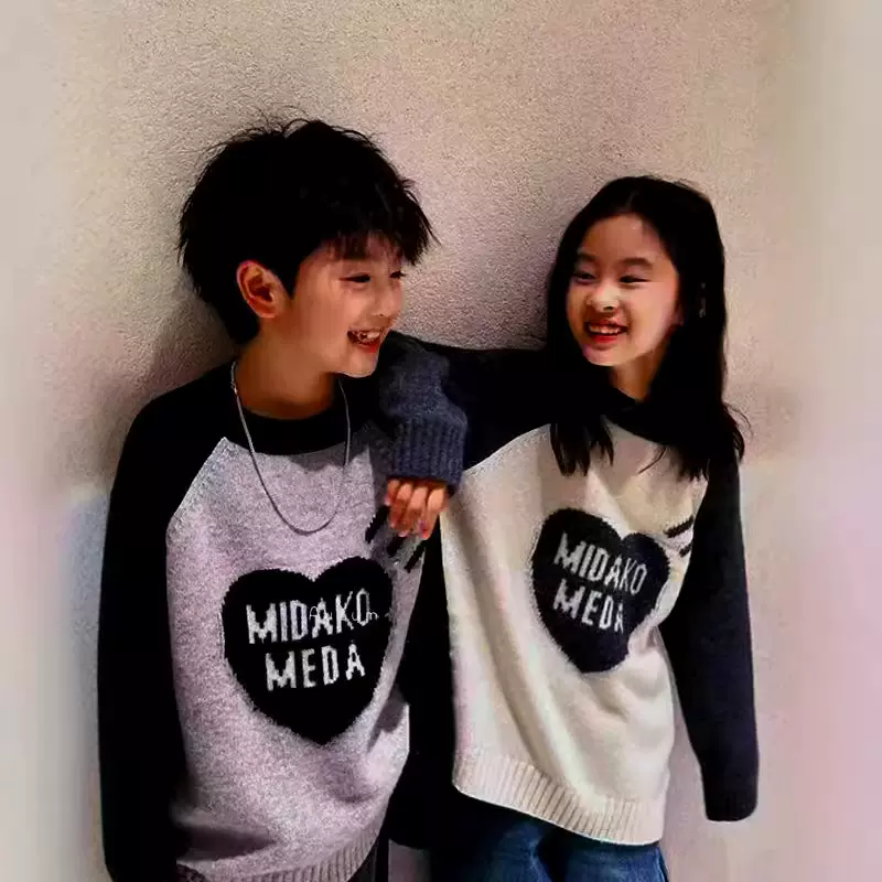 2025秋冬装女童毛衣儿童羊毛针织打底衫男童装撞色上衣加厚圆领