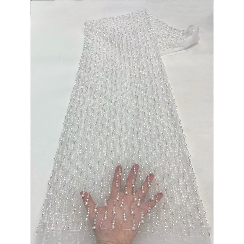 Tela de encaje africano con bordado de cuentas grandes y pequeñas, tela de tul francés para novias nigerianas, vestido de novia con bordado tridimensional