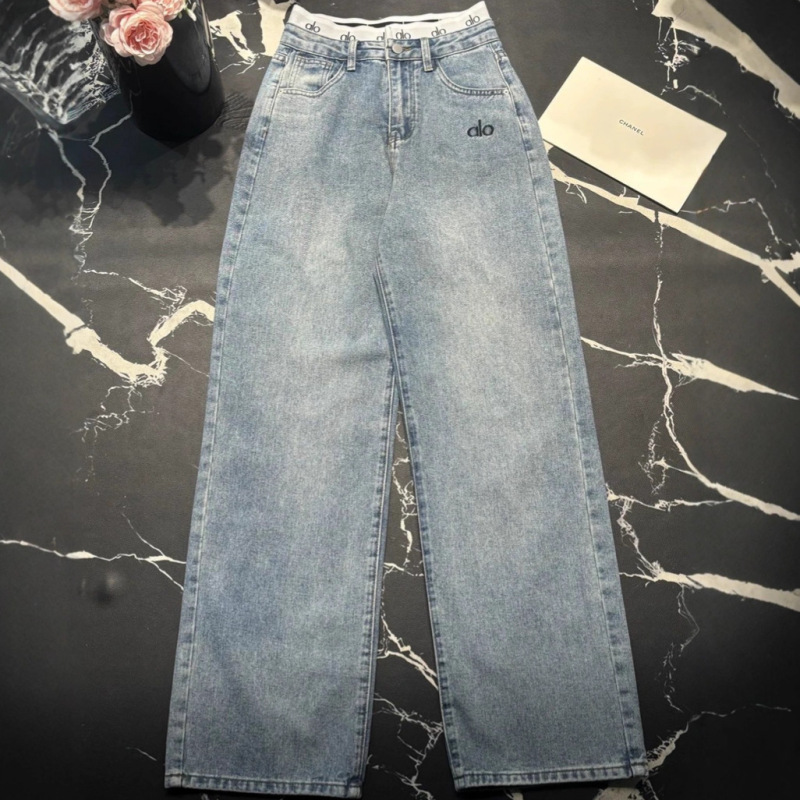 Alo Letter Embroidery Patchwork Jeans for Women, High-Waisted, Slimming, Straight-Leg, Loose Wide-Leg Pants, Fashionable and Trendy