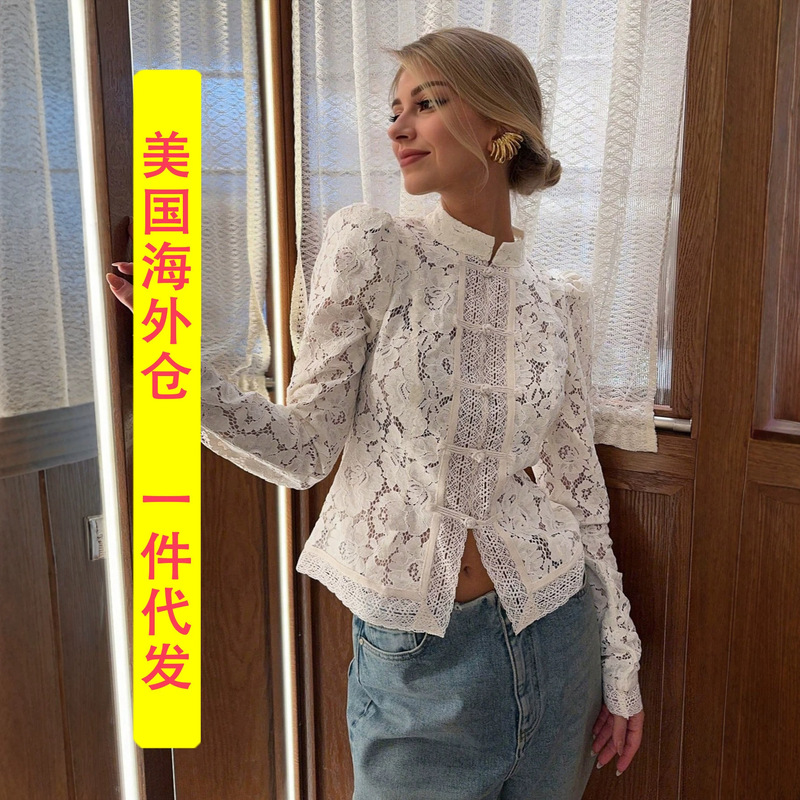 European and American Women's White Lace Fashion Stand-Collar Slim-Fit Shirt with a Stylish Design, Sexy Top, Versatile, Overseas Warehouse