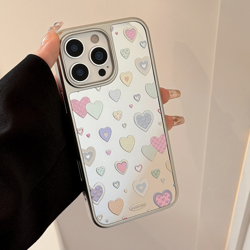 金メッキの鏡面仕上げ、iPhone 16、17 Pro Max、iPhone 14、カラフルなハート、13、電気メッキ、11、Huawei対応のスマホケース|undefined