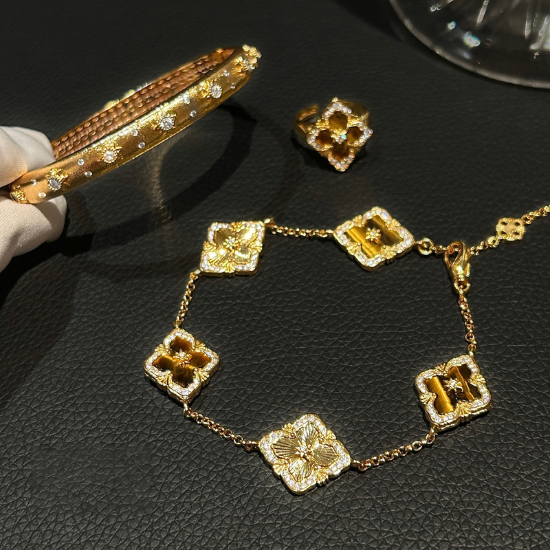 【Joy Boss Joe】Heavy! Bucci Bracelet with Laser Mother-Of-Pearl Tiger Eye Stone Clover Vintage New Chinese Style Trend Three Flowers