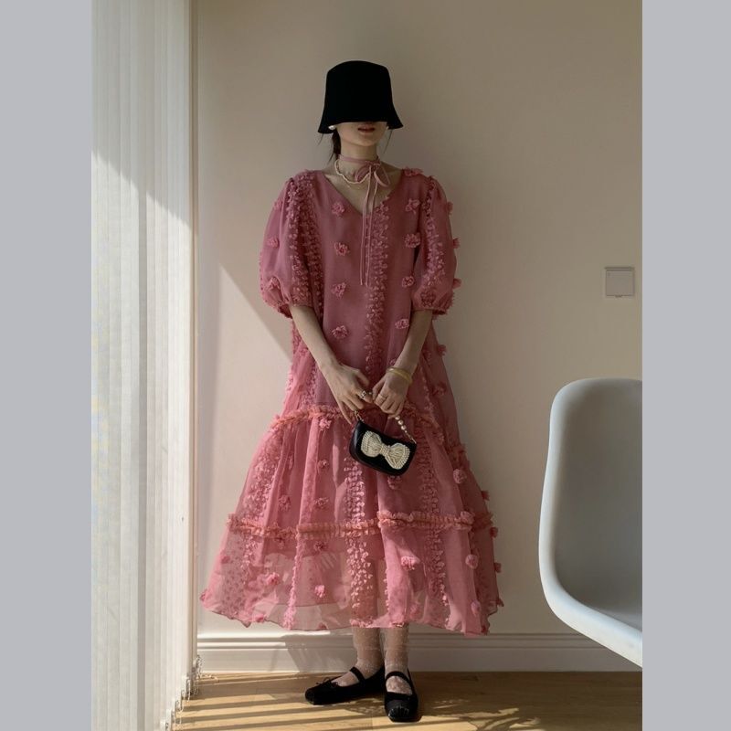 2026 Summer French-Style Collar Three-Dimensional Floral Puff Sleeve Loose Oversized Long Dress Plus Size Tall Long Dress for Commuting