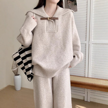 翻领套头针织上衣+阔腿裤女两件套秋冬新款加厚韩系简约毛衣套装