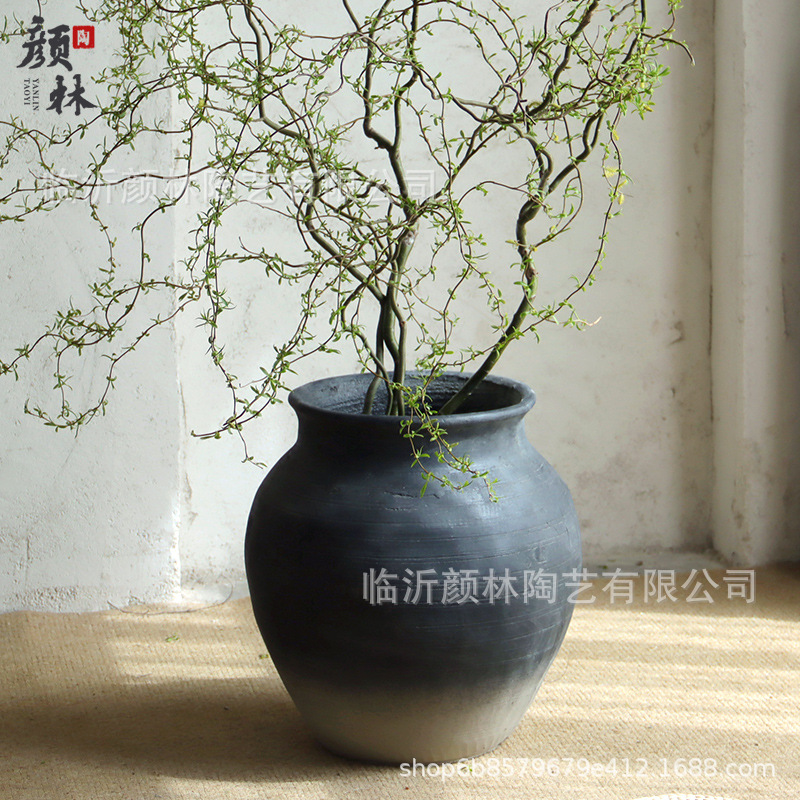 Cementos de tierra gris negro gran vientre redondo plantación interior verde hacer viejas macetas de diseño de decoración del espacio del hotel