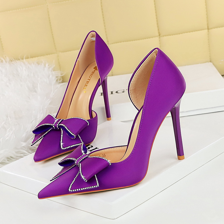 626-H37 European And American Style Party High Heels Stiletto Shallow Pointed Toe Side Hollow Rhinestone Bowknot Single_vogvips.com