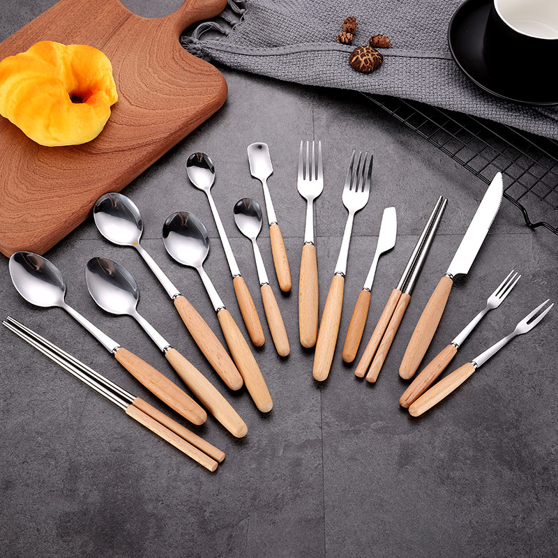 Stainless Steel Knife, Fork, and Spoon Set, Japanese-Style Simple Wooden Handle Cutlery, Western-Style Knife, Fork, and Spoon, Steak Knife, Fork, Small Spoon Stainless Steel Knife, Fork, and Spoon Set, Japanese-Style Simple Wooden Handle Cutlery, Western-Style Knife, Fork, and Spoon, Steak Knife, Fork, Small Spoon