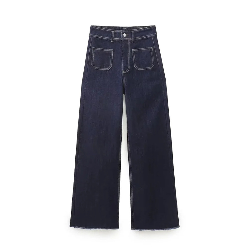 Foreign Trade European and American Style Cross-Border Fashion Versatile Casual Navy Style Pocket Decorated Denim Loose Straight Casual Pants