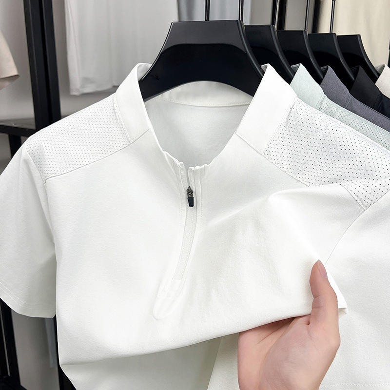 Cross-Border Foreign Trade High-End Half-Zip Men's Stand-Up Collar Short-Sleeved T-Shirt Men's Casual Versatile Summer Breathable Quick-Drying Shirt