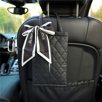 Car Tissue Box Leather Ribbon Bow Hanging Seat Back Tissue Smoke Fashion Goddess Car Decoration Supplies (Car tissue box/set) - black-hanging-rhombus-white-ribbon