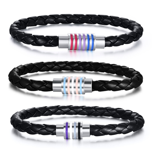 Cross-border hand jewelry European and American jewelry rainbow braided bracelet bracelet titanium steel PU leather friendship jewelry PB-004