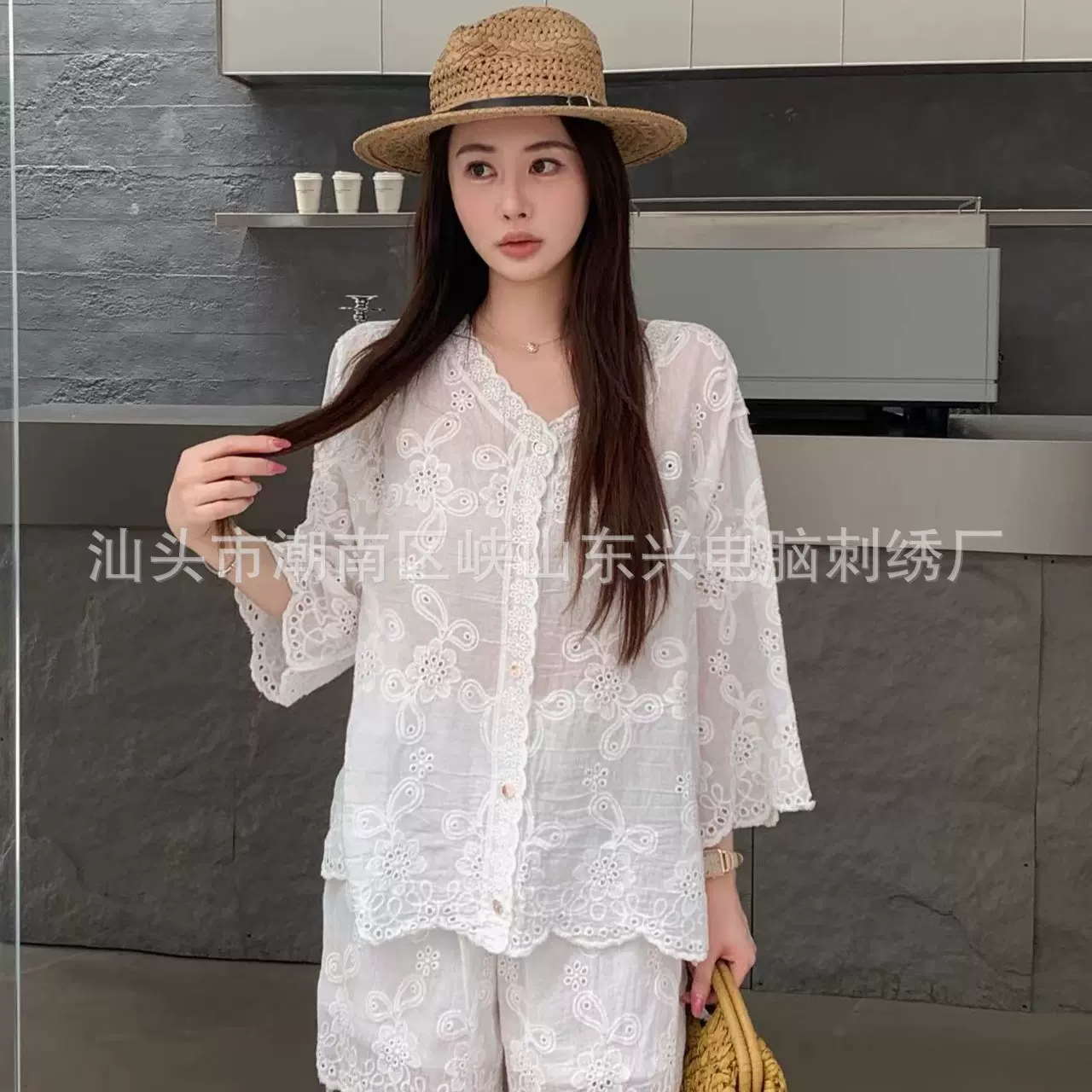 2025夏季衬衣中袖薄款提花衬衫刺绣复古花边V领新款时尚上衣女