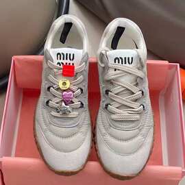跨境MIU缪MIU Tyre麂皮圆头系带德训鞋低帮复古风真皮女款休闲鞋