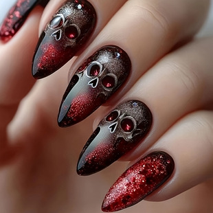 24 Pieces of Halloween-Themed Nail Art with Blood-Red Skulls to Create a Spooky Halloween Atmosphere
