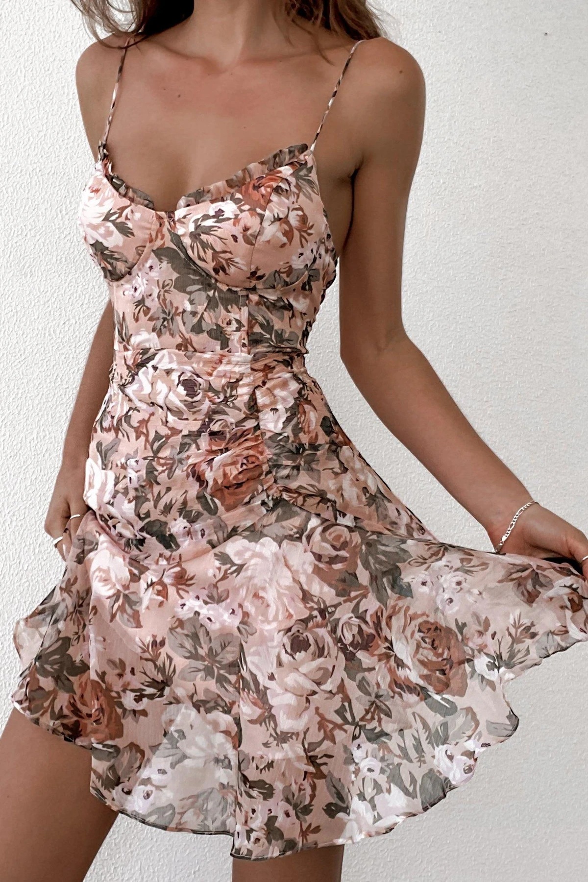 floral printed suspenders ruffled holiday style dress NSOYL124070