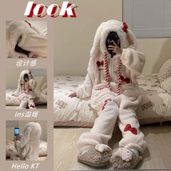 【兔耳朵】可爱少女珊瑚绒连体睡衣女冬季款加绒加厚家居服一体式