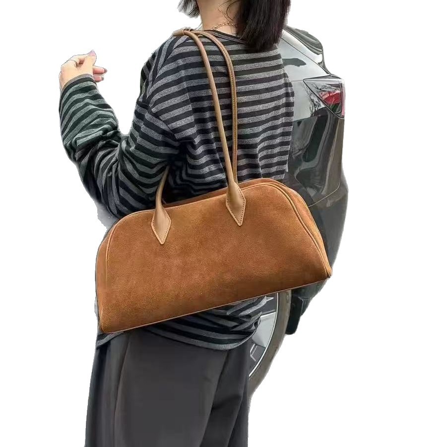 Korea HF Tote Bag Niche French Vintage Matte Cowhide Women's Commuter Bag Large Capacity Shoulder Bowling Bag - Thumbnail 2