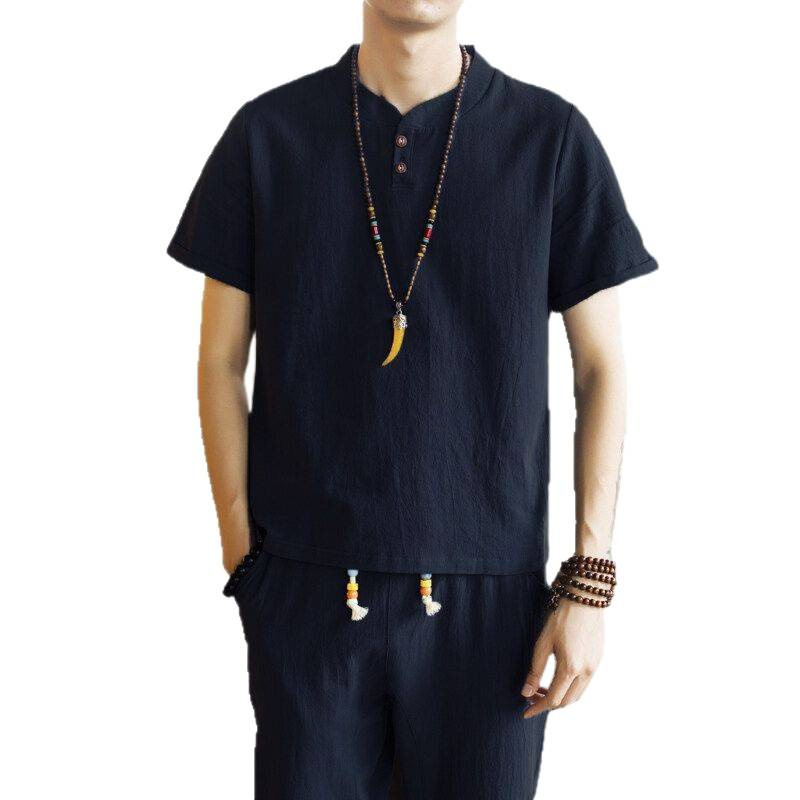 Summer sleeves, men's set, retro Hanfu, Chinese style, cotton and linen, with short sleeve, plus size 5