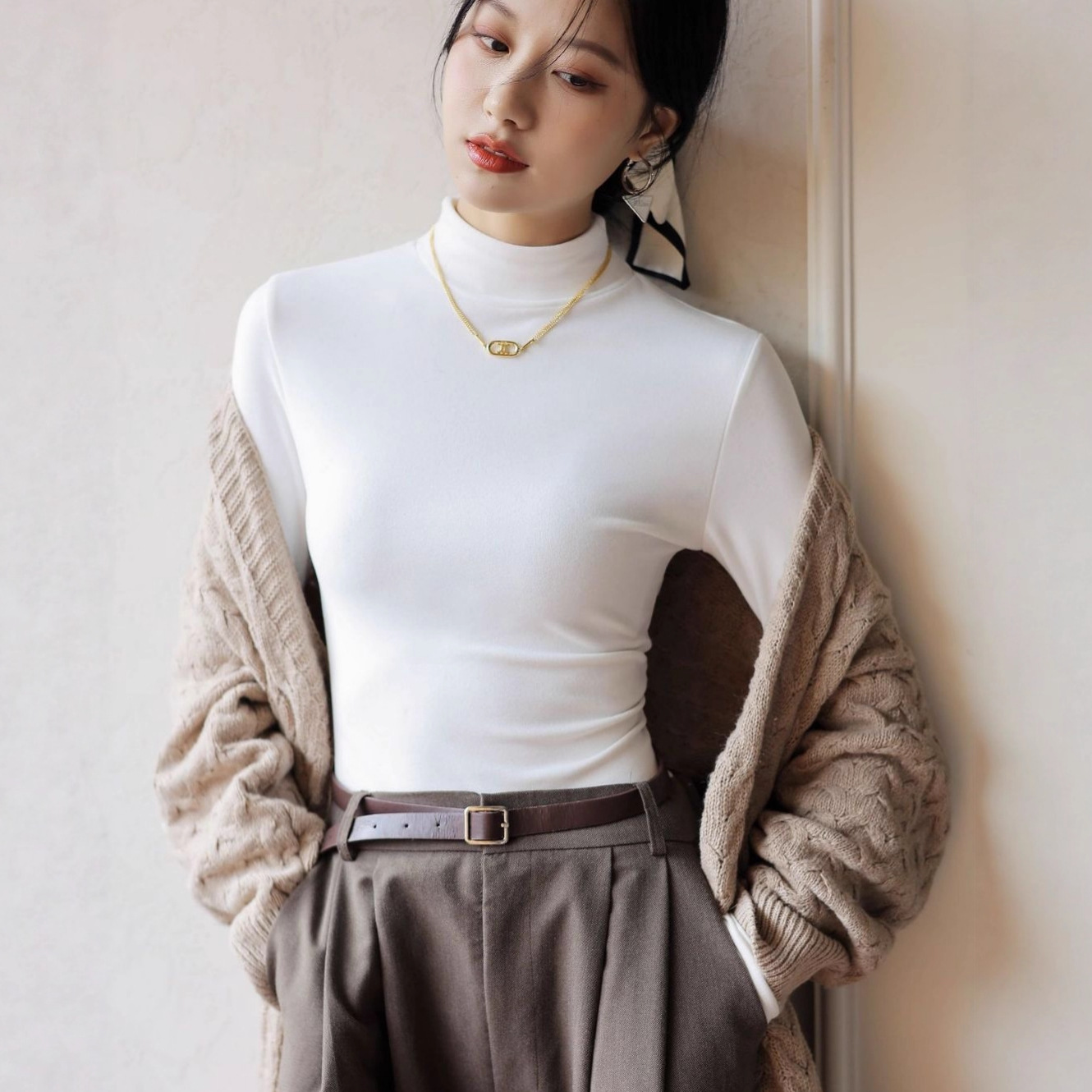 Korean women's clothing export double-sided German wool semi-high collar base shirt women's inner layer long-sleeved mid-neck slim top manufacturer