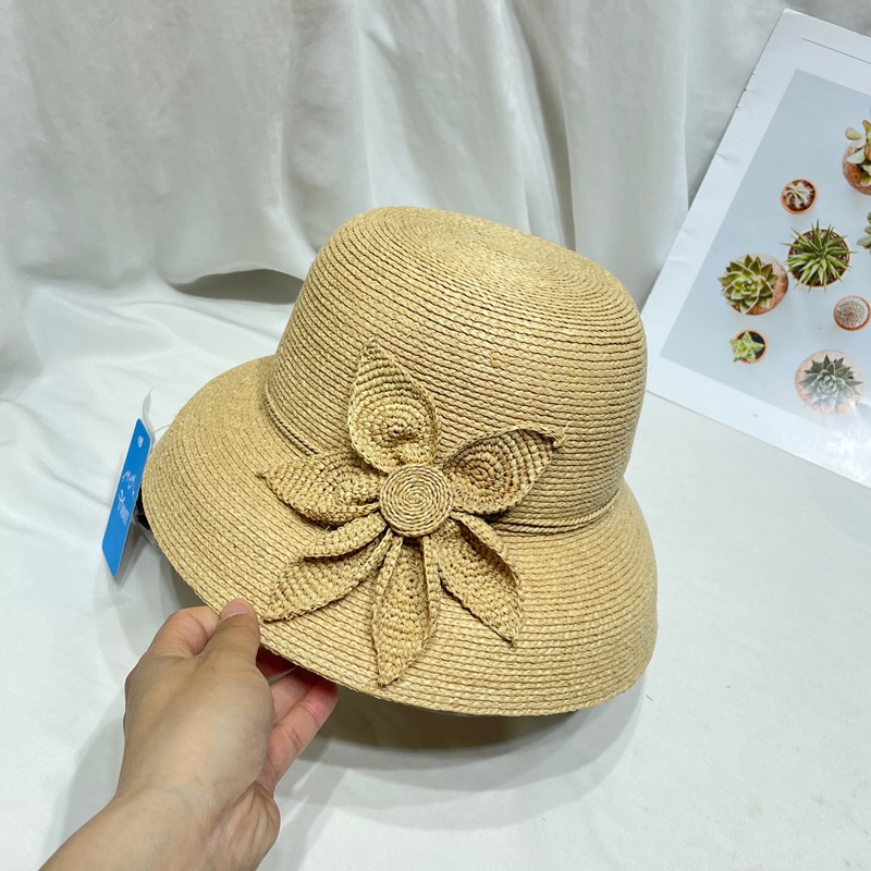 Hepburn Style Floral Raffia Straw Bucket Hat For Summer Beach_voghion.com
