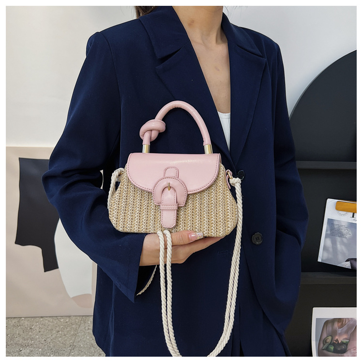 Single Shoulder Strap Strap Type Women's Medium Straw Color Block Vacation Beach Weave Square Lock Clasp Straw Bag