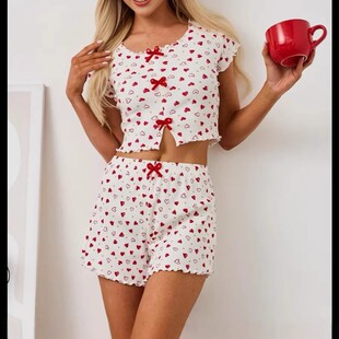 2025 new style printed home clothes curling love pajamas women's two-piece home clothes love printed 1008