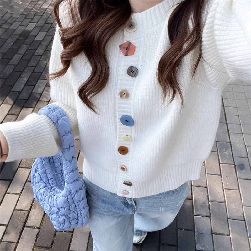 KANING小众设计彩扣宽松针织开衫女2025秋季新款慵懒风毛衣女外套|undefined