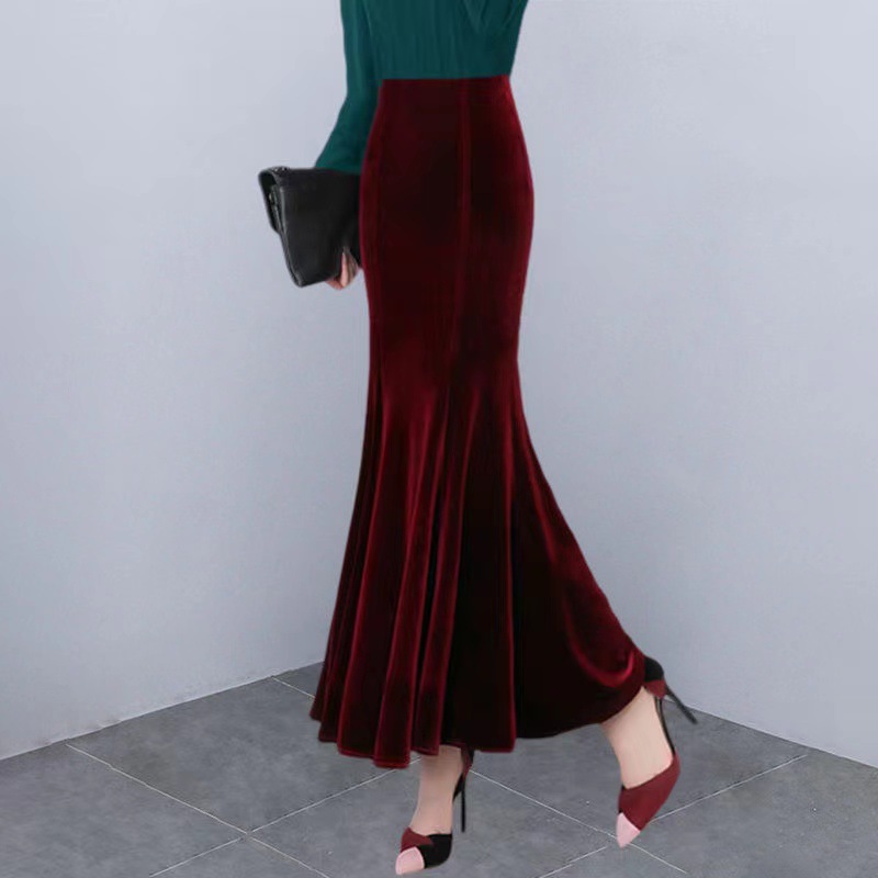 GraceChic GraceChic GraceChic Velvet Midi Autumn 2024 New Long Mermaid Plus Size Bodycon High Waist Winter Skirt_voghion.com