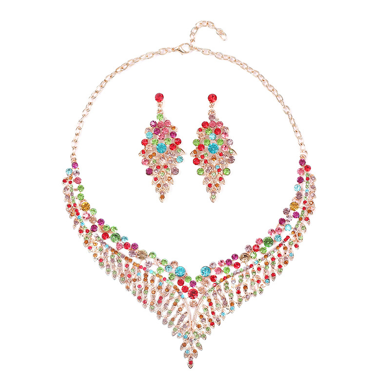 Alloy clavicle chain, exaggerated necklace, earring set, female palace temperament, colorful leaves_voghion.com