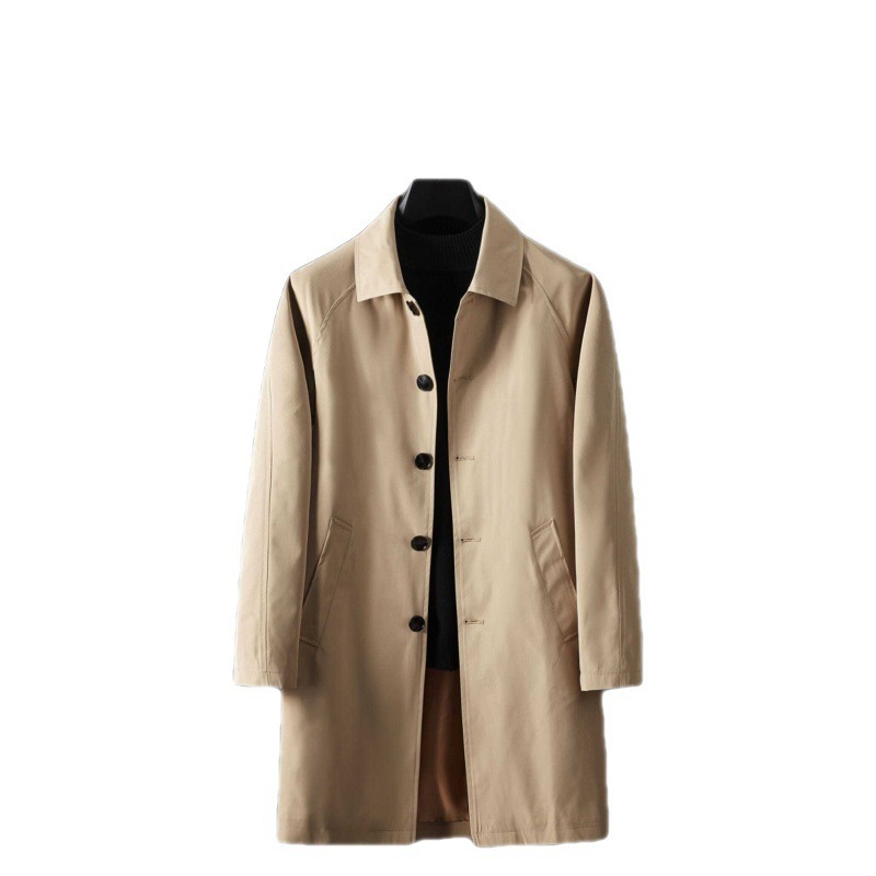 Men's Longline Trench Coat, Oversized Hooded Windbreaker With Turn-Down Collar, Cotton-Nylon Blend, Minimalist Design (Beige/Khaki/Black), M-5XL_voghion.com