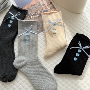 Korean Embroidered Love Grey Socks Mid-tube Socks Blue Ribbon Bow Pile Socks Girls Socks Japanese Style Gray