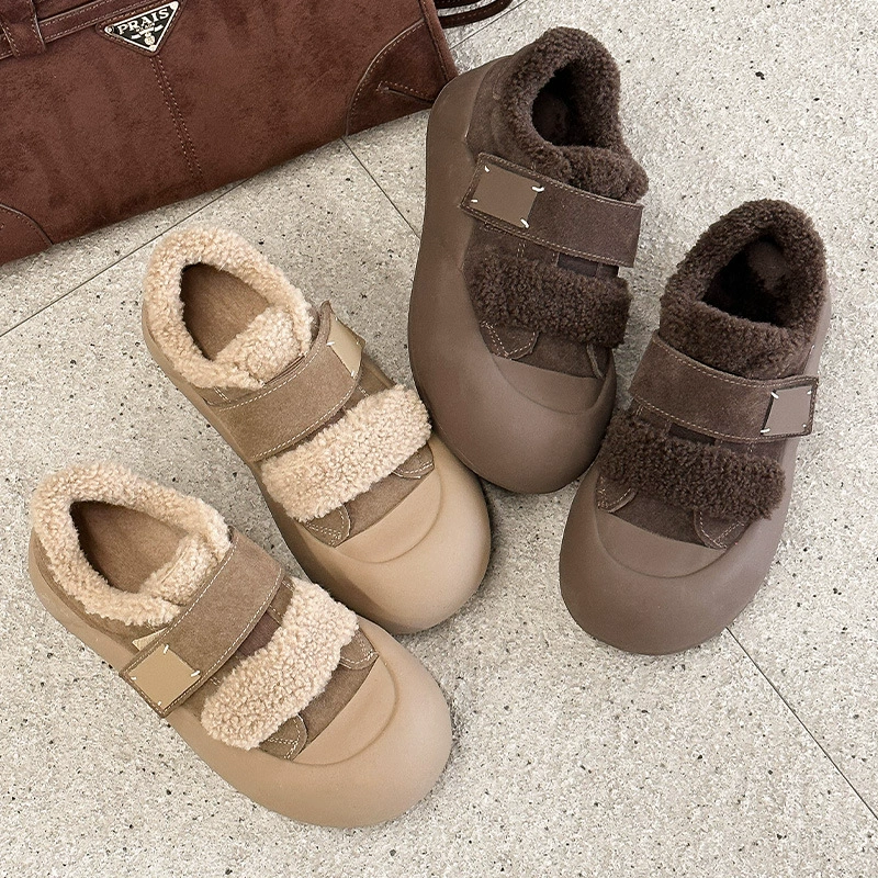 Осенняя и зимняя бархатная толстая хлебная обувь женская 2024 новая толстая подошва липучка большая голова обувь повседневная мода