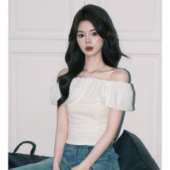 Forever 21超好看白色一字肩修身小衫上衣女2025甜辣短袖法式衬衫