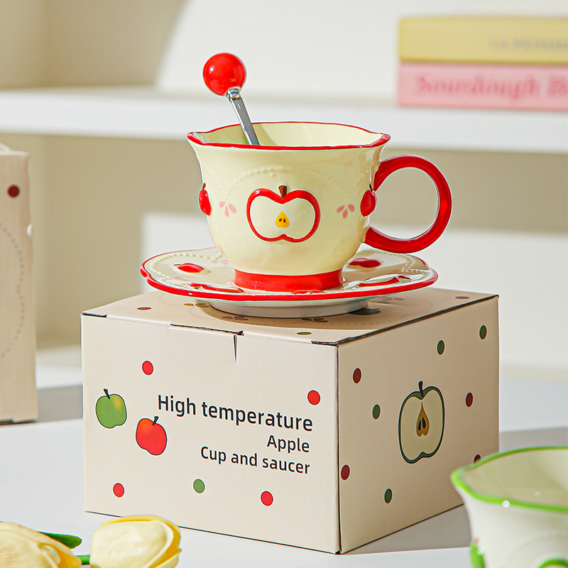 Tazas de café de cerámica de manzana, plato, taza de marca, diseño de relieve pintado a mano original, taza de agua, taza de leche de desayuno