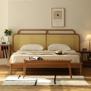 Nordic ins Style Solid Wood Bed Japanese Style Modern Light Luxury 1.5 Rattan Woven Bed Home 1.8 m Double Bed Homestay Furniture