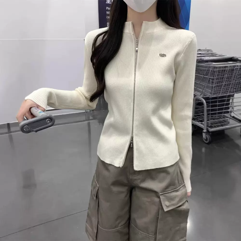 2025秋季新款双拉链毛衣外套女开衫立领长袖修身针织上衣内搭打底