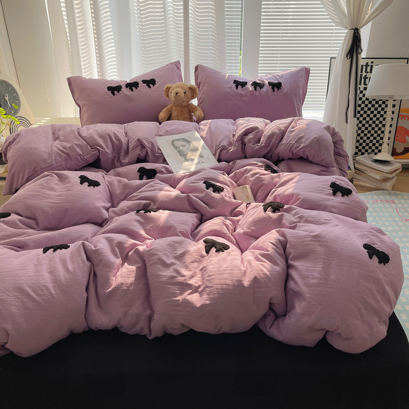 2024 nuevo estilo suave lazo toalla bordado nube lavada algodón funda edredón de cuatro piezas sábana sábana sábana simple y elegante