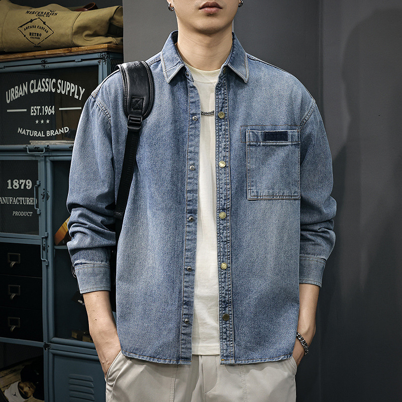 Autumn New American Heavy Denim Work Shirt Men's Retro Trendy Brand Handsome Shirt Lapel Jacket Trendy