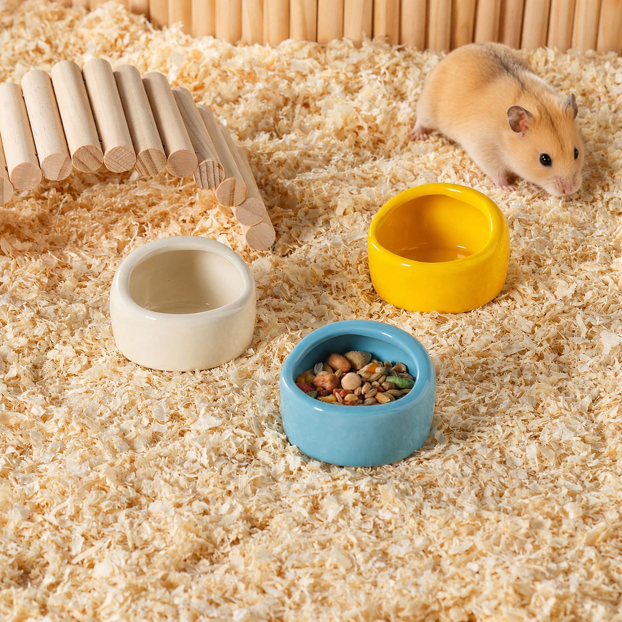 Estilo simple, pequeña mascota, vida, lavabo, lavabo de cerámica, tazón de arroz para hámster, caja de comida a prueba de salpicaduras, suministros de comida de oso dorado