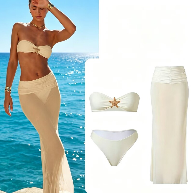 Cross-Border European and American Style Swimsuit for Women, Starfish Tube Top Bikini Three-Piece Set, Sexy Backless Beach Dress Cross-Border European and American Style Swimsuit for Women, Starfish Tube Top Bikini Three-Piece Set, Sexy Backless Beach Dress