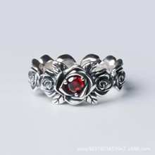 新款跨境个性男女戒指情侣银饰玫瑰花饰品欧美哥特小众设计
