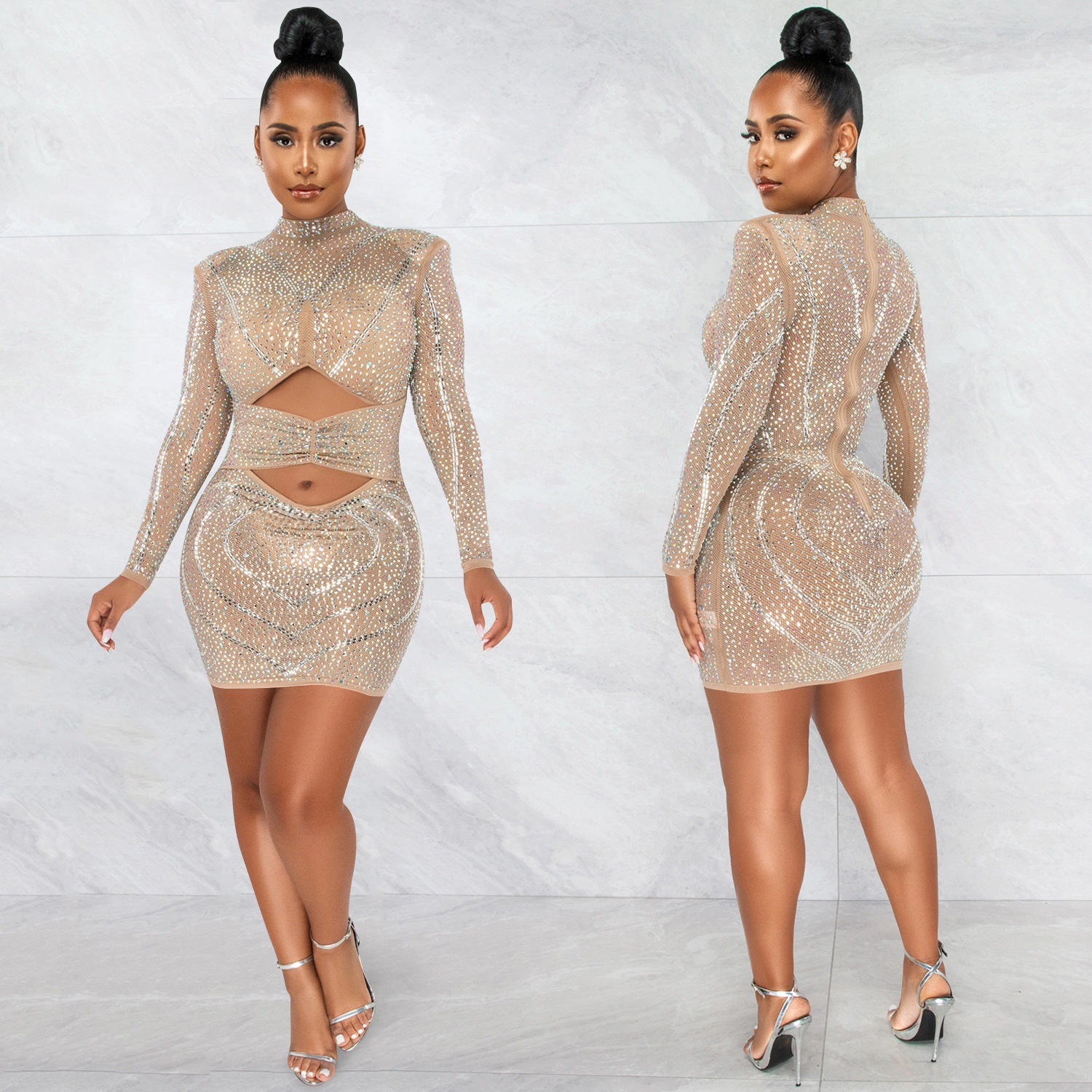 X5572 AliExpress Amazon moda sexy discoteca caliente rhinestone malla ver-a través de manga larga hueco vestido MIDI vestido image 4