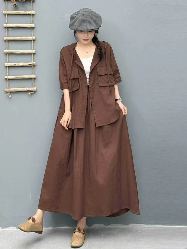 二層綿ガーゼ純綿フード付き半袖シャツとパンツスーツ女性のための夏 2025 新しいルーズ大きいサイズ文学カジュアル|undefined