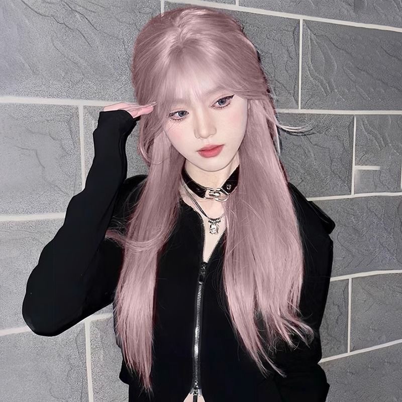 Connie Perücke in Grau-Lila mit langen glatten Haaren und luftigen Pony - Modischer langer gerader Rosenstil, helle Farbe