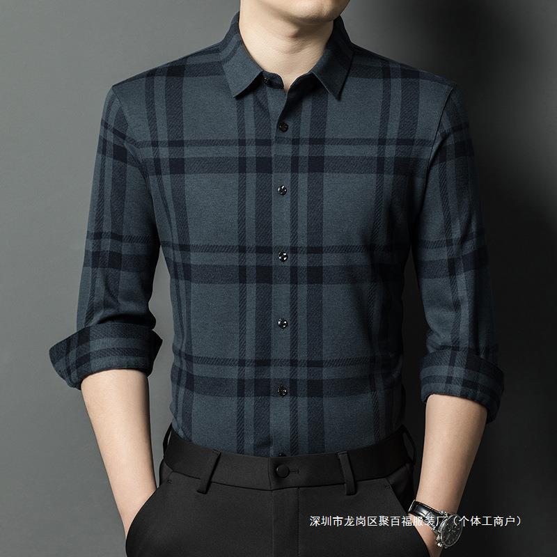 专柜时尚山羊绒衬衫男长袖加厚休闲爸爸装羊绒无痕免烫保暖衬衣男