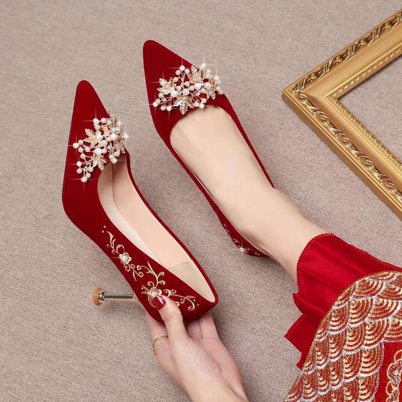Chinese Wedding Shoes, Bridal Shoes, Red Toast High Heels for Women, 2025 New Wedding Dress, Two-Wear Wedding Dress