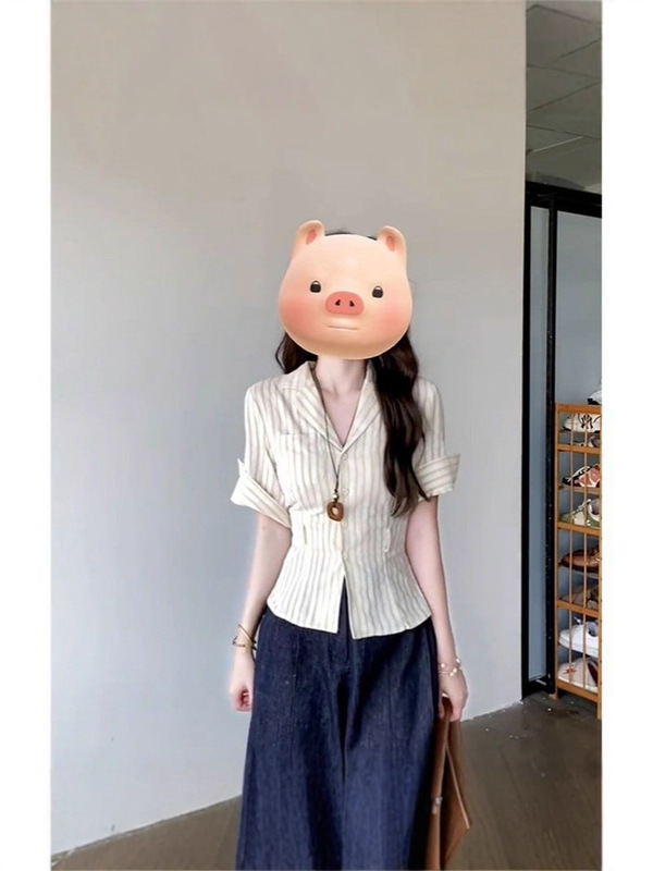 高级感v领条纹短袖衬衫女夏设计感小众短款衬衣法式修身收腰上衣|undefined
