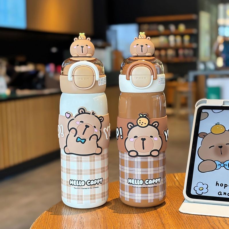 かわいい Kapibara チェック柄学生ポータブル魔法瓶カップロックデザインワンカップダブルドリンクシリコンノズル飲料カップ|undefined