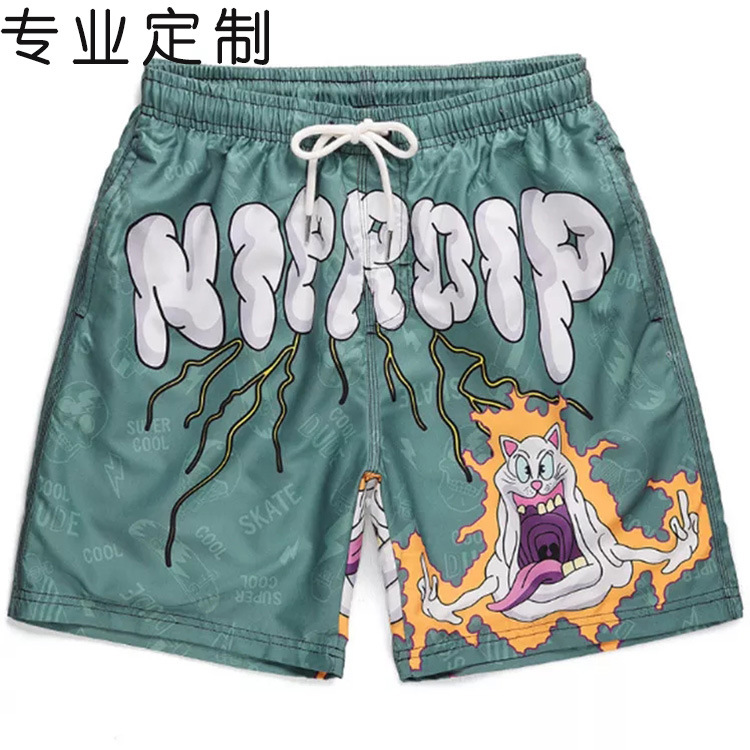 定制新款满版数码印花时尚男式短裤涤纶斜纹布丈巾腰头抽绳沙滩裤