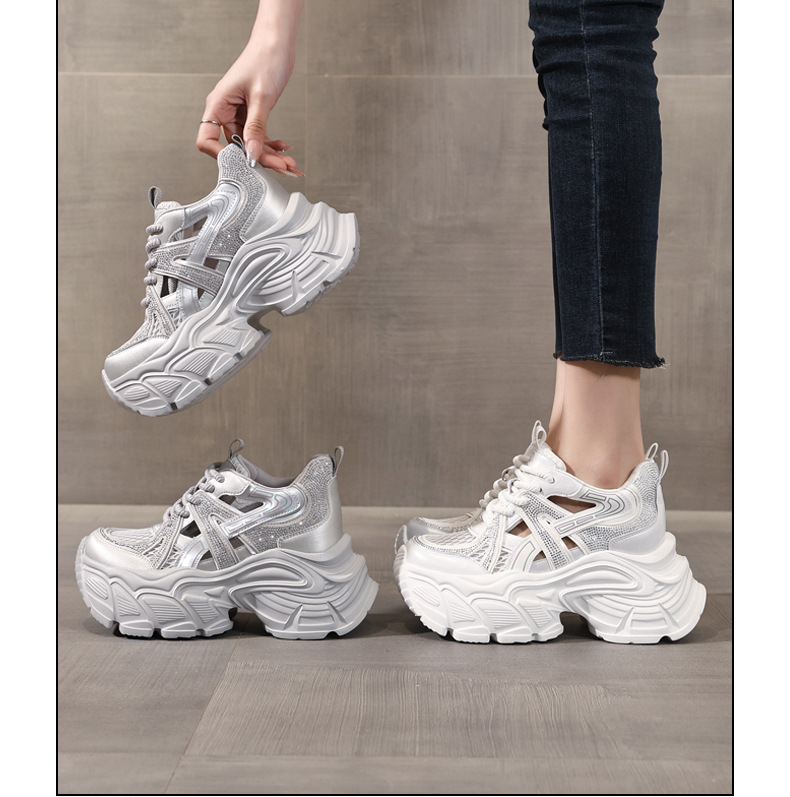 Giày sneaker nữ đế dày tăng chiều cao, mặt lưới đính đá lấp lánh — màu trắng chi tiết 17